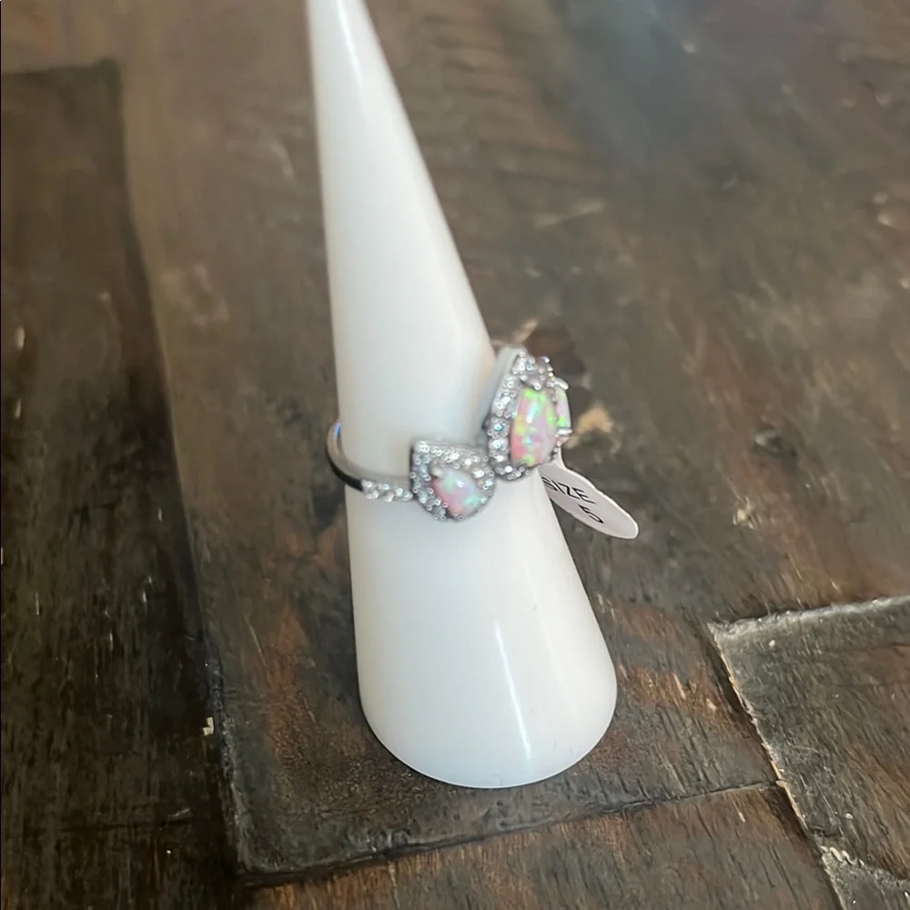 Opal Teardrop Halo Silver Ring - White Opal Accent
